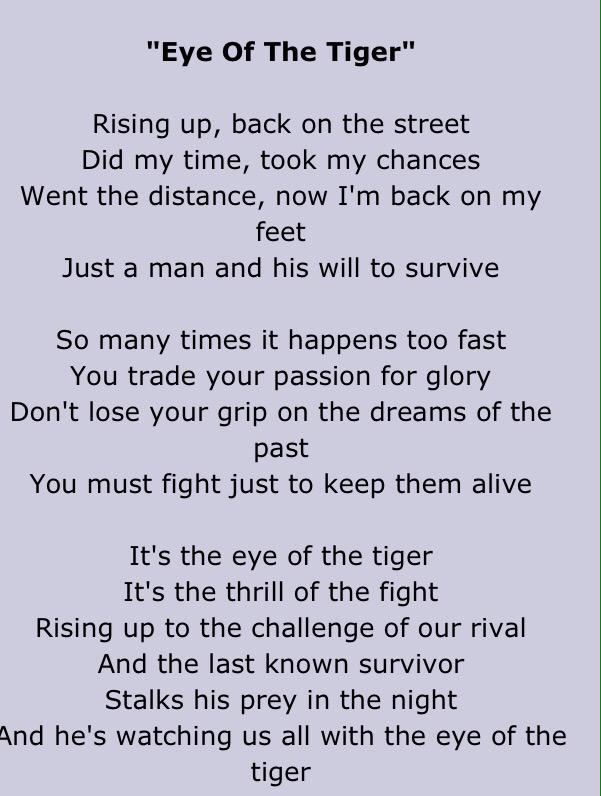 Eye of the Tiger - Survivor (lyrics), Rising up, back on th…