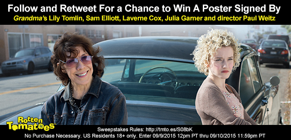 RottenTomatoes's tweet photo. Follow &amp; RT 4 a chance 2 win signed #GrandmaMovie Poster NoPurReqUS18+ #Sweepstakes Rules: http://t.co/7gy6pA1ZWy http://t.co/LcUBFCH0hD