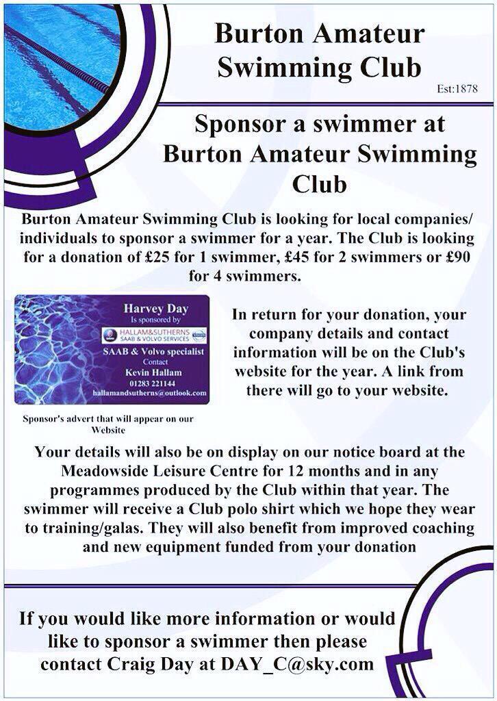 #GSS #Swimming #Burton-upon-Trent <a href="/BurtonASC/">Burton Swimming Club</a> #Sponsor a swimmer for a year £25 Logo on website, noticeboard &amp; more