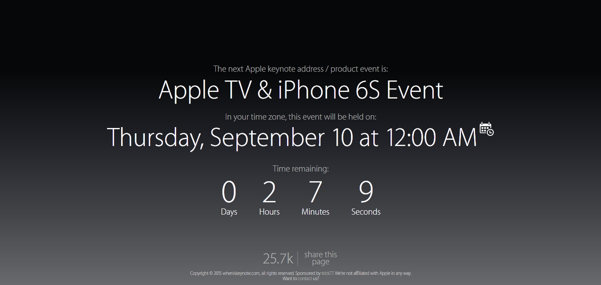 H3LLOWORLDS's tweet photo. The next Apple keynote address / product event is:
Apple TV &amp; iPhone 6S Event - http://t.co/0mGKOMLR0p http://t.co/GpQM0vU86l
