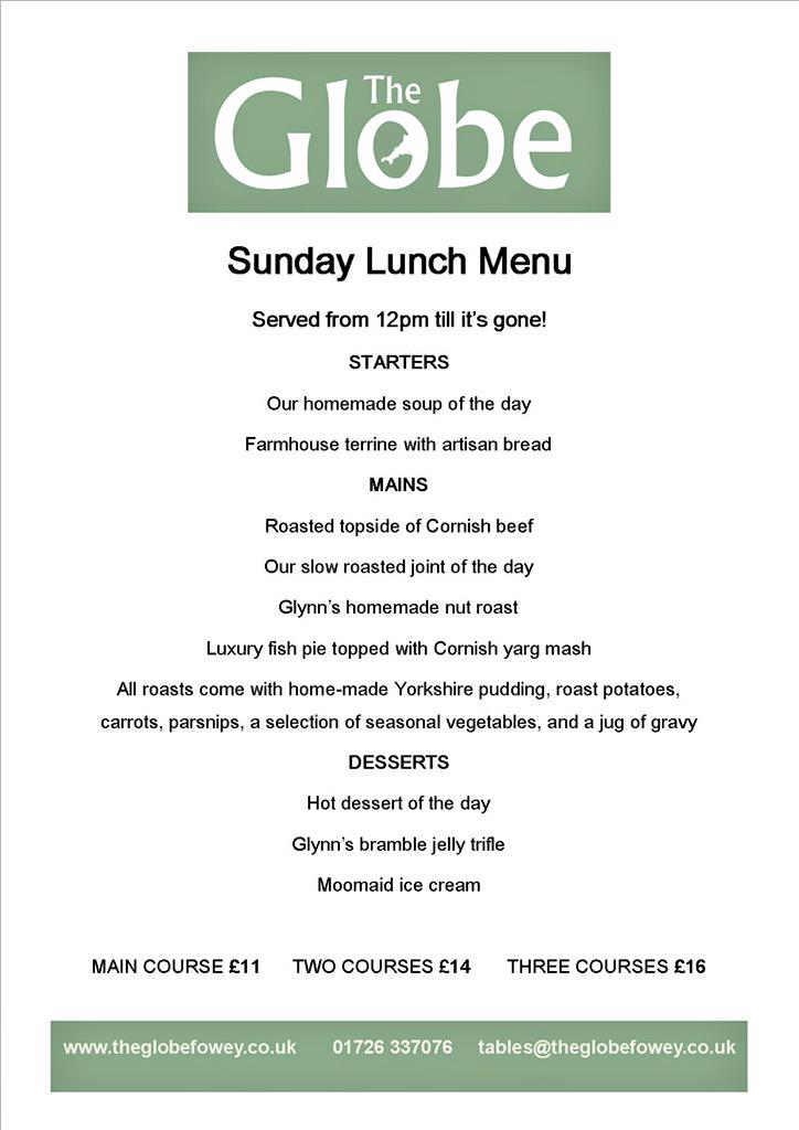 globefowey's tweet photo. It's back this weekend!!! The famous Globe Sunday Roast!! Book early to avoid disappointment on 01726 337076 http://t.co/CFtU3iRZNb