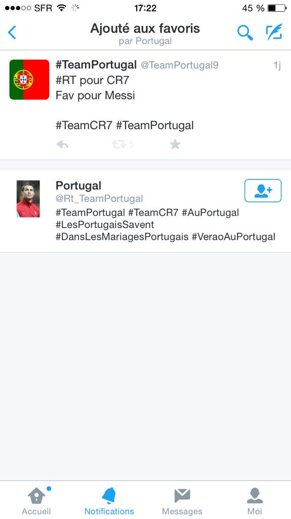 TeamPortugal9's tweet photo. Ce moment où la #TeamCR7 fav pour Messi. Je t'ai vu @Rt_TeamPortugal http://t.co/sQcXyOgAUL