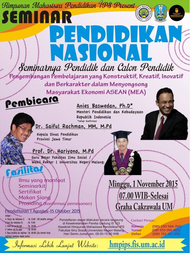 Monggo segera daftarkan diri Kalian di Seminar Pendidikan Nasional yg diadakan tgl 01 Nov. 2015 mendatang.