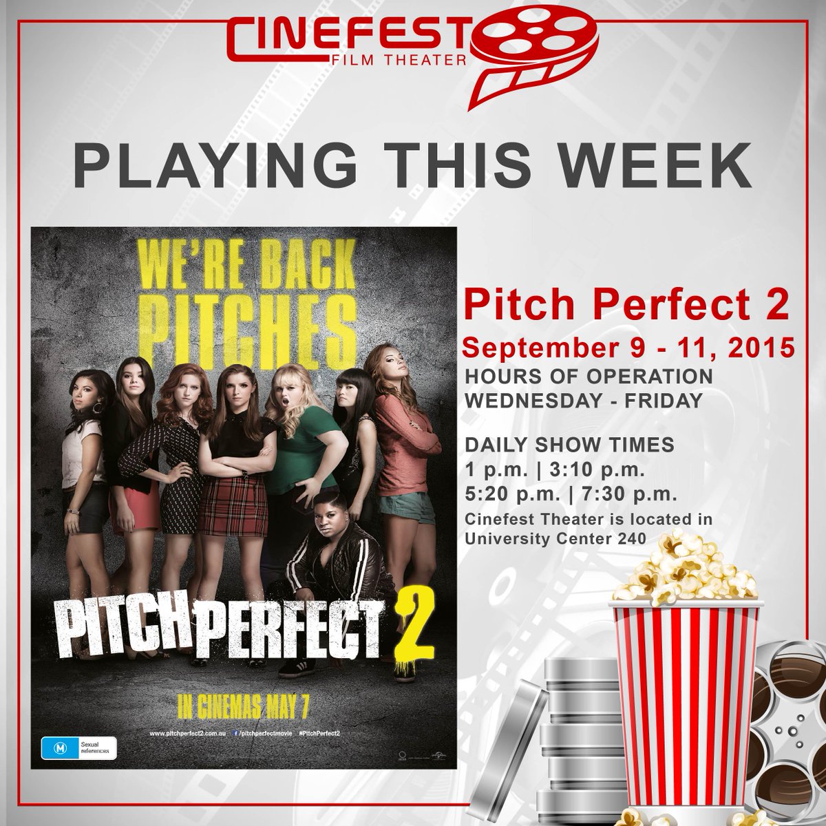 GSUCinefest's tweet photo. 'Pitch Perfect 2' is playing TODAY in Cinefest!!! http://t.co/BfH6gVyJgT