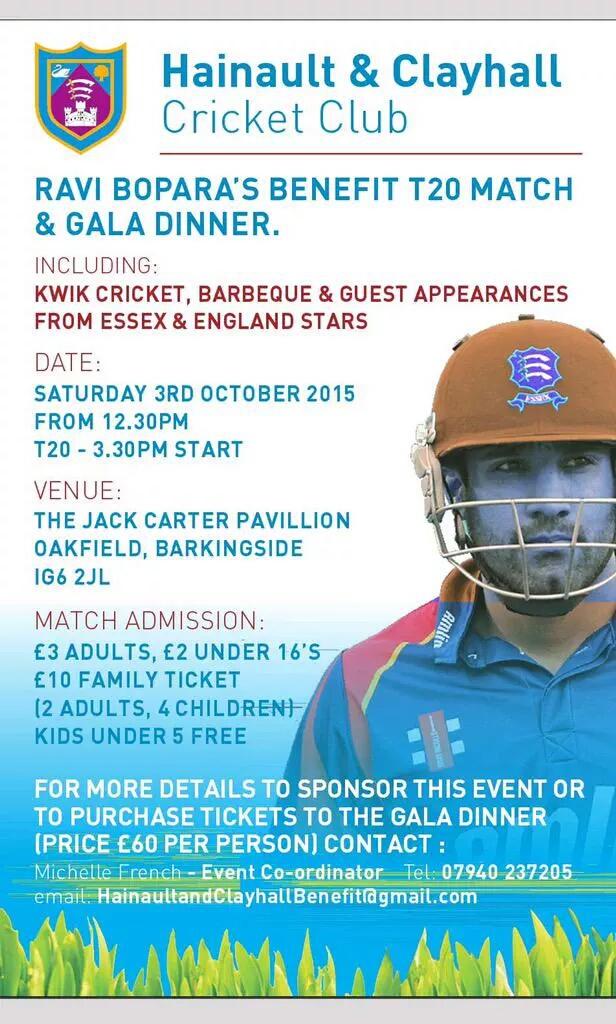 HCCCBenefit's tweet photo. Join Essex &amp; England Cricketer Ravi Bopara for his Benefit Event at his Beloved Home Club. http://t.co/QjUqeLESZj 
@CllrRockyGill
