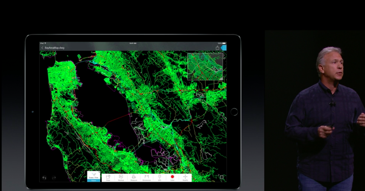 autodesk's tweet photo. Render or Reality: @Autodesk's @AutoCAD360 on the new #IPadPro on stage with #Apple. That's a reality. #AppleEvent http://t.co/GFLXBSP1MP