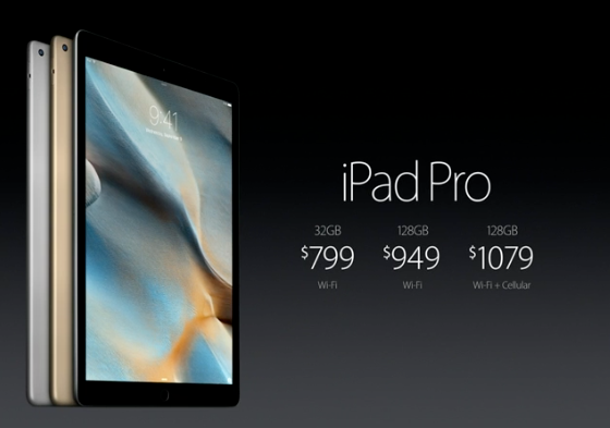 GQ_France's tweet photo. Voici les prix de l'iPad Pro sans compter le keyboard à 169 $ et l'Apple Pencil à 99 $ #KeynoteGQ http://t.co/2G7GTE8lkr