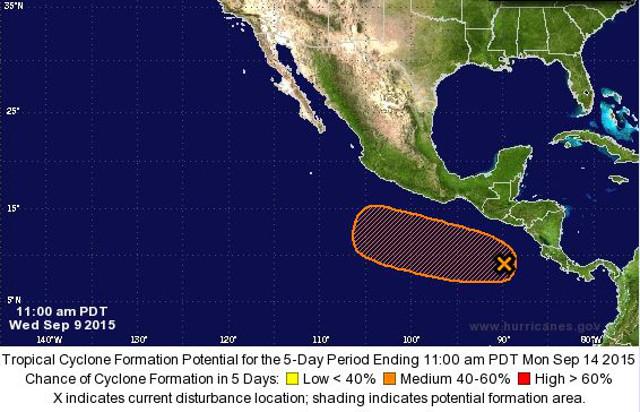 Disorganized showers and thunderstorms south of the coast of Central America are associated with a tropical wave