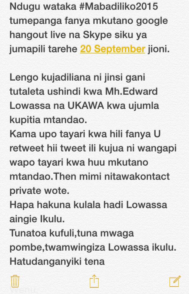 Tafadhali soma hiyna Kama upo tayari kuleta mafuriko mtandao retweet <a href="/edwardlowassatz/">Edward Lowassa</a> <a href="/mgaboz/">I stand for change</a> <a href="/makukura/">Aron Makukura</a> <a href="/MohamediMtoi/">Mtoi Mohamedi Mtoi</a>