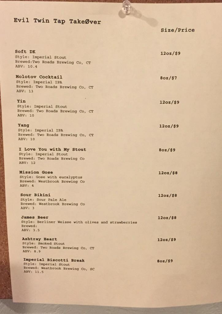 TapWerks's tweet photo. Sneak peek of the line up for the @EvilTwinBrewing tap takeover tomorrow night!

@CraftandBarrel http://t.co/wudB5l6Nha