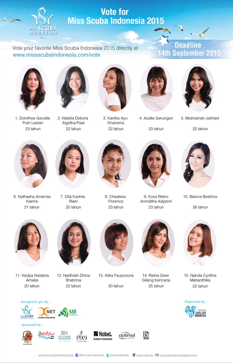 Vote your favorite Miss Scuba Indonesia 2015 directly at missscubaindonesia.com/vote cc <a href="/bdc_unsoed/">Blue Diving Club</a> <a href="/Deeper_Diving/">Deeper Diving Adv</a>
