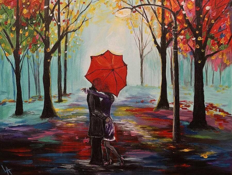 Романтический пейзаж рисунок. Картина зонтики. Девушка под зонтом. Романтический пейзаж. Двое под зонтом.