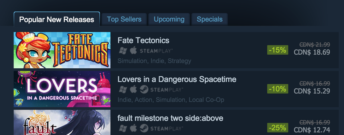 GammaSpaceTO's tweet image. ICYMI @FateTectonics, by members @GoldenGearGames, launched today on Steam! Check out the Popular New Releases chart!