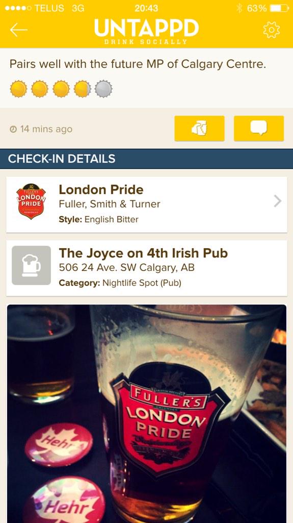 KB_Dutch's tweet image. Enjoying a pint of London Pride: pairs well w/ future MP #yyccentre @kenthehr #elxn42