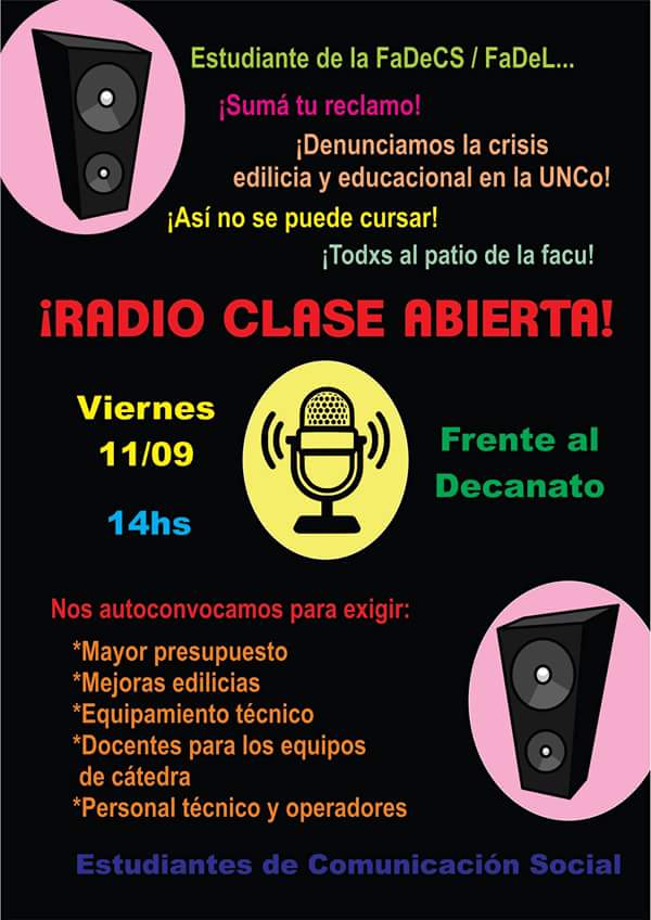 Este viernes (11/9) Radio Abierta desde las 14 hs en la #FaDeCS #UNCo. #CrisisEdilicia #CrisisEducacional.