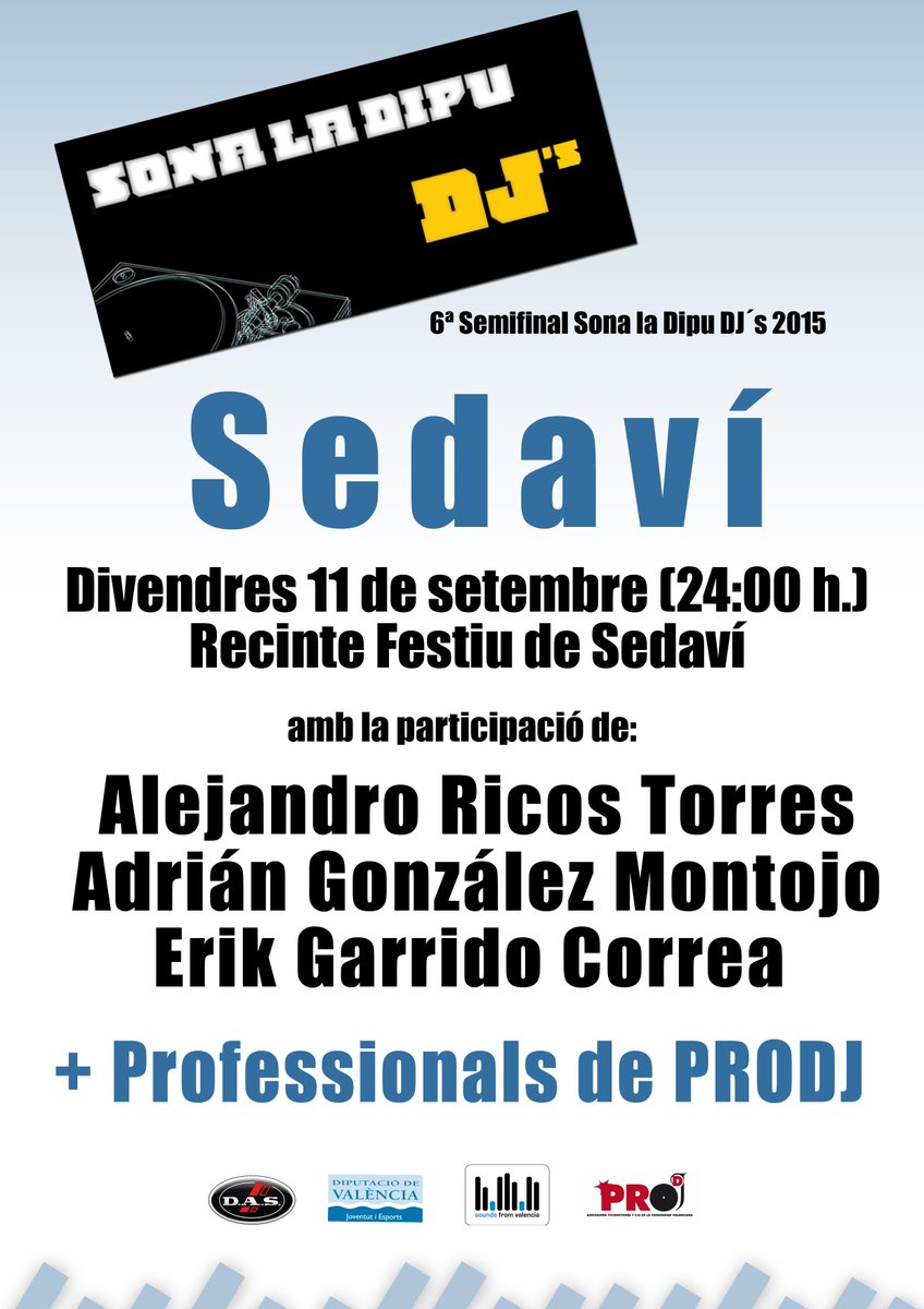 Mañana Viernes a las 24:00 h, sexta semifinal de SLD DJ´s en SEDAVÍ
@ladipuenlared <a href="/dipvalencia/">Diputació de València</a> @gva_jove @gva_info