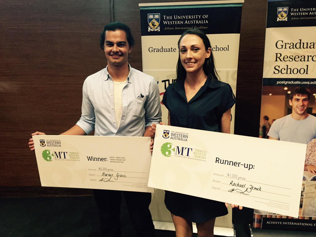 uwanews's tweet photo. Congratulations to Marcus and Rachael! #3MT #UWAResearchWeek http://t.co/N1xajZySGf