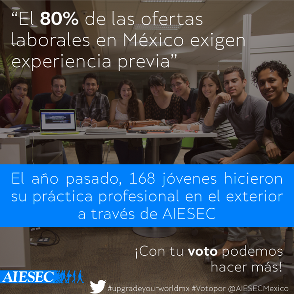 _jpablo's tweet image. #Votopor por @AIESECMexico para cerrar la brecha entre la educación y el empleo. #UpgradeYourWorldMX #MexiCAN