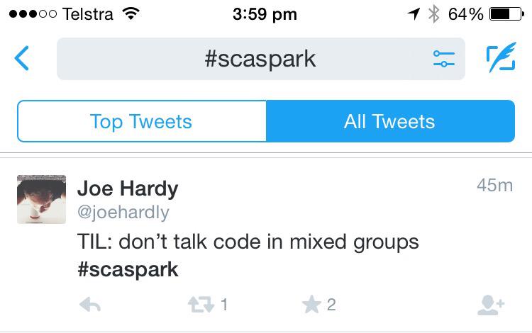 HollyGerard's tweet photo. Double fail @joehardly What does TIL mean? Questions from the #nontechteam #scaspark http://t.co/9QBtecYxtu