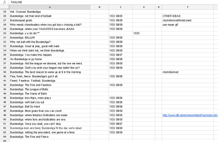 jennxlai's tweet photo. .@cfnchng &amp; I had to make a spreadsheet for all our ideas. Hope you'll pick us, @Bundesliga_EN! #mostexcitingexport http://t.co/mjDWgBXCAW