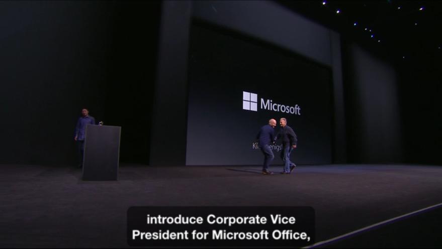collibre's tweet photo. #Apple @ #Microsoft on stage together at the #appleevent @PSchiller says: "These guys knows productivity!" http://t.co/ctfaeZHhoZ