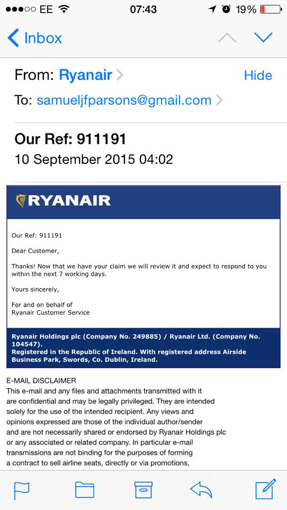 Samuel_Parsons's tweet photo. @Ryanair 7 working days to reply to an email?! Awful service from start to finish. #Ryanair http://t.co/qq5sO1wqOL