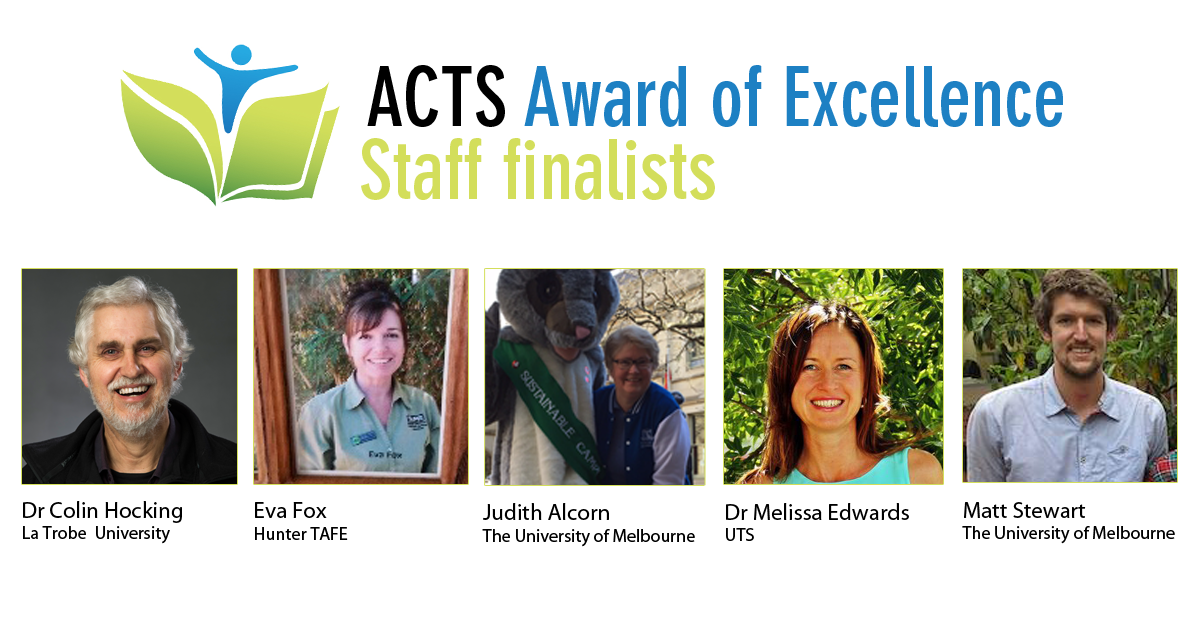 __ACTS's tweet photo. Congratulations to our #ACTSAward of Excellence - Staff finalists! @latrobe @huntertafe @unimelb @sustaineduau http://t.co/CqaSTcjjG0