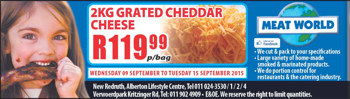 MeatWorldSouth's tweet photo. Our SPECIALS this Week: 2KG Grated Cheddar Cheese. R119.99 From Wednesday 09 September to Tuesday 15 September ONLY. http://t.co/g1MylNuMYd