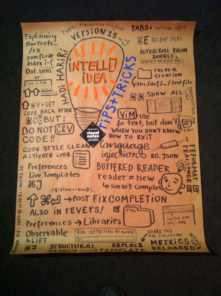 SophieGraphic's tweet image. IntelliJ Idea - tips&amp;amp;tricks by Hadi Hariri -
recorded by visual-notes.de 
See this &amp;amp; more at Javabin
#JavaZone2015