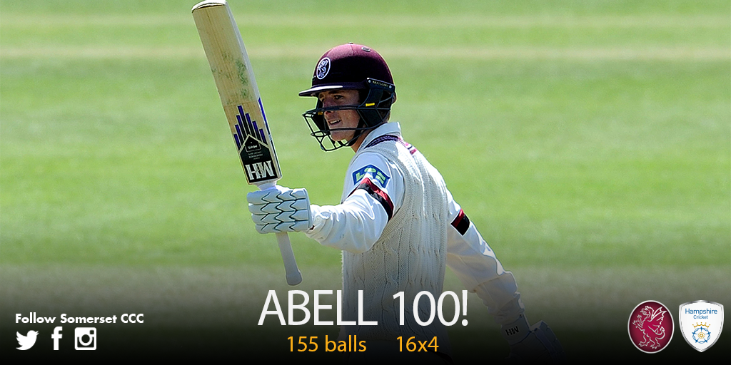 What a moment! Tom Abell goes to his 1st Somerset 100! A mighty fine innings from the young man! #VeryAbell #SOMvHAM