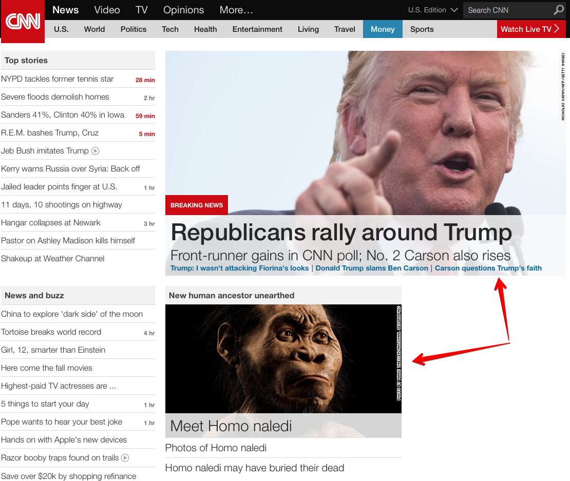 azinicus's tweet image. Appropriate @CNN homepage comparative imagery today #trump #evolutionaryprocess