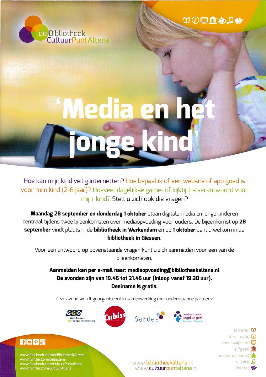 Meer weten over #mediaopvoeding van kinderen tussen 2-6 jaar? Bezoek dan de informatieavonden van @biebaltena!