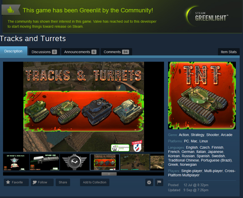 FingerpunchGame's tweet photo. Tracks and Turrets has been Greenlit!! http://t.co/aKTcV4bG5F Thanks VERY much to our Yes voters #indiedev #gamedev http://t.co/FpkQGFYEcI