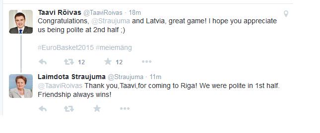 Šis ir iemesls, kāpēc man patīk twitter! Asprātīgas premjeru @Straujuma un <a href="/TaaviRoivas/">Taavi Rõivas</a> savstarpējās laipnības.