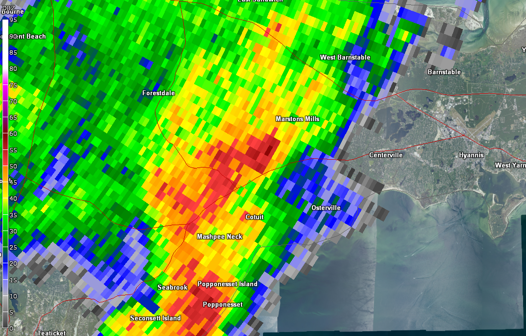 Very heavy rain moving across the Upper Cape...toward Mid-Cape now. Lightning / thunder as well.