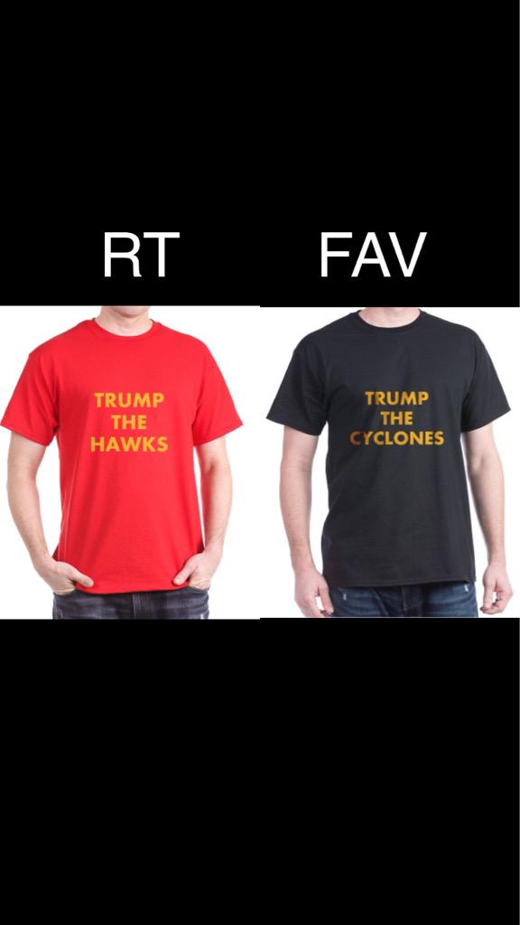 Hey <a href="/WideRtNattyLt/">Wide Right & Natty Lite</a> retweet/favorite for what shirt <a href="/realDonaldTrump/">Donald J. Trump</a> should wear Saturday for the big game! #cyhawk