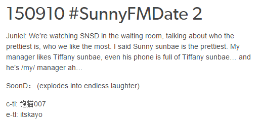itsakyo's tweet photo. 150910 #SunnyFMDate 2
LOL everyone needs to get used to SNSD slaying left right and centre. No one is spared. http://t.co/QUpb6aIMOA