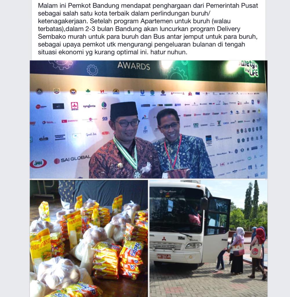 Alhamdulillah, malam ini pemkot BDG mendapat award sbg salah 1 kota terbaik dlm perlindungan buruh/ketenagakerjaan.