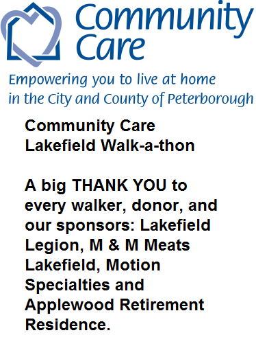 CommCarePtbo's tweet photo. Community Care Lakefield Walk-a-thon was another success raising over $2000. "Empowering you to live at home." http://t.co/4adTrBlmIu