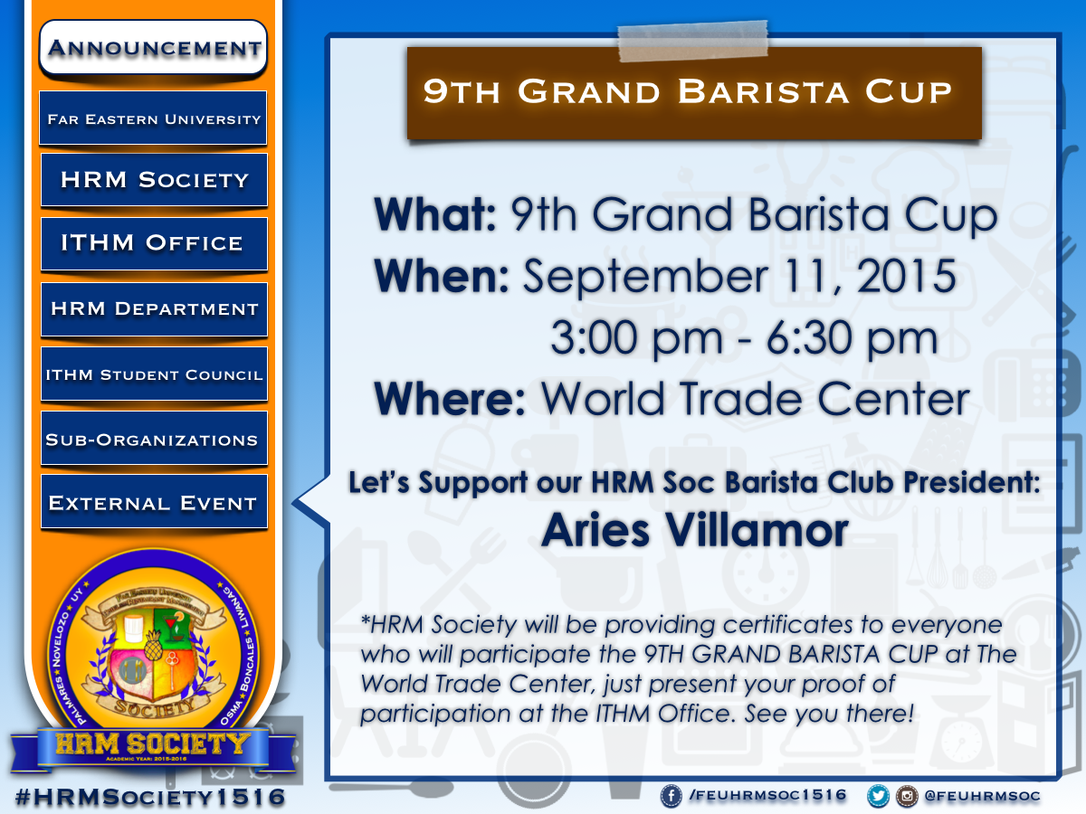feuhrmsoc's tweet photo. 9th Grand Barista Cup at World Trade Center!
#HRMsociety1516 #HRMSocUpdate #HRMBaristaClub http://t.co/j2y08vgkN0
