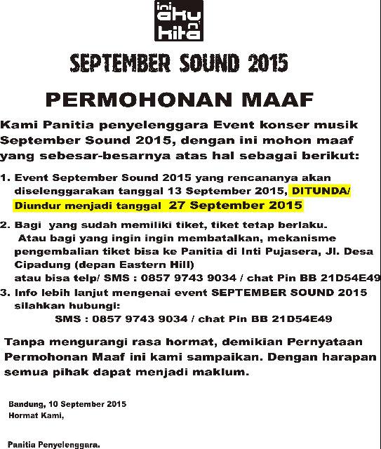 Maaf, #SeptemberSound2015 di undur waktu pelaksanaannya <a href="/WARS_OFFICIAL/">WE ARE SKATEPUNKERS</a> <a href="/niaamary/">nia.</a> <a href="/Belltrans01/">BellTRANS Official</a> <a href="/WARS_Cibeureum/">W.A.R.S Cibeureum</a>