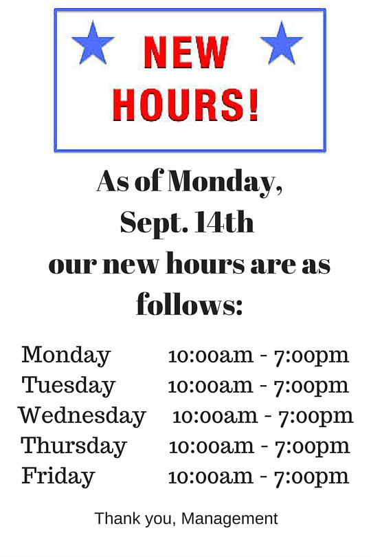 ECCSLLC's tweet image. Please take note of our new hours beginning Monday September 14th. 
We will be open M-F 10-7