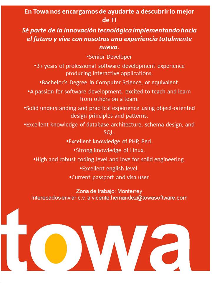 towasoftware's tweet image. Tu Jueves puede ser un #FelizJueves enviando tu c.v. y forma parte de nuestra familia