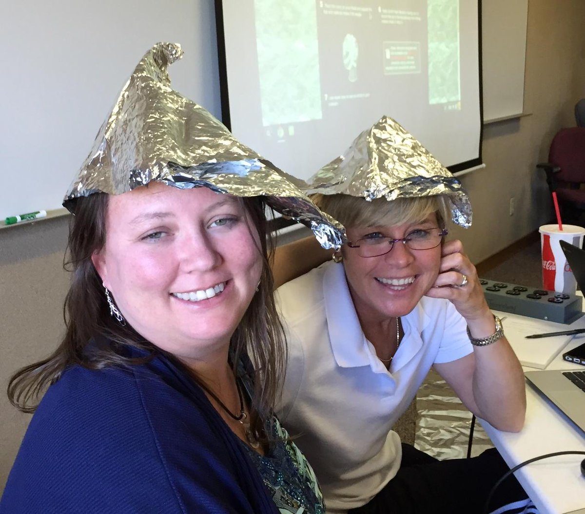 randysfox's tweet image. ETEP class sporting foil deflector beanies to protect from Internet Mumbo jumbo. #EdTechGSD