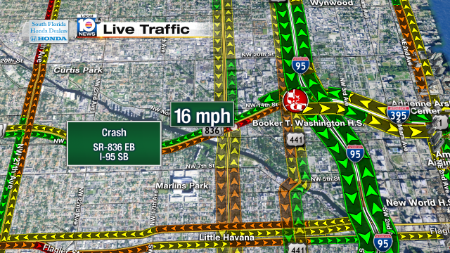 Crash on Dolphin Expy EB as you approach I-95 SB. Speeds at 16mph #traffic #miami @JeniseFernandez http://t.co/AxUErFm1pf