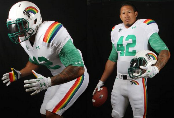 espn's tweet photo. For its game at Ohio State, the @HawaiiFootball team is putting the rainbow in Rainbow Warriors w/ these throwbacks. http://t.co/bgf1c7H66o