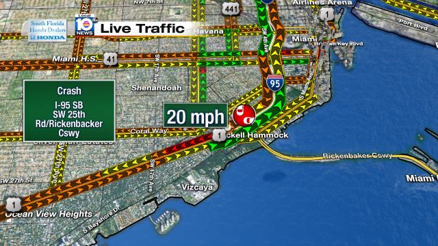 Crash on I-95 SB at SW 25th Rd/Rickenbacker Cswy. Speeds at 20mph #traffic #miami @JeniseFernandez http://t.co/QCdmV3YEdS