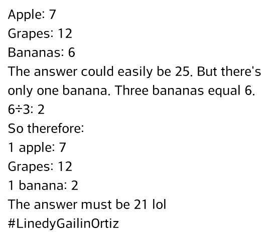 sweetacacia20's tweet image. #MathAddicts #Math #SolveIt #SolveItYourself #WhatDoYouGet #Apples #Banana #Bananas #Grapes #Etc