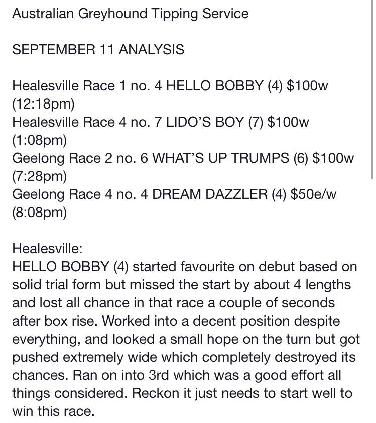 GreyhoundTipsAU's tweet image. SEPTEMBER 11 TIPS!!