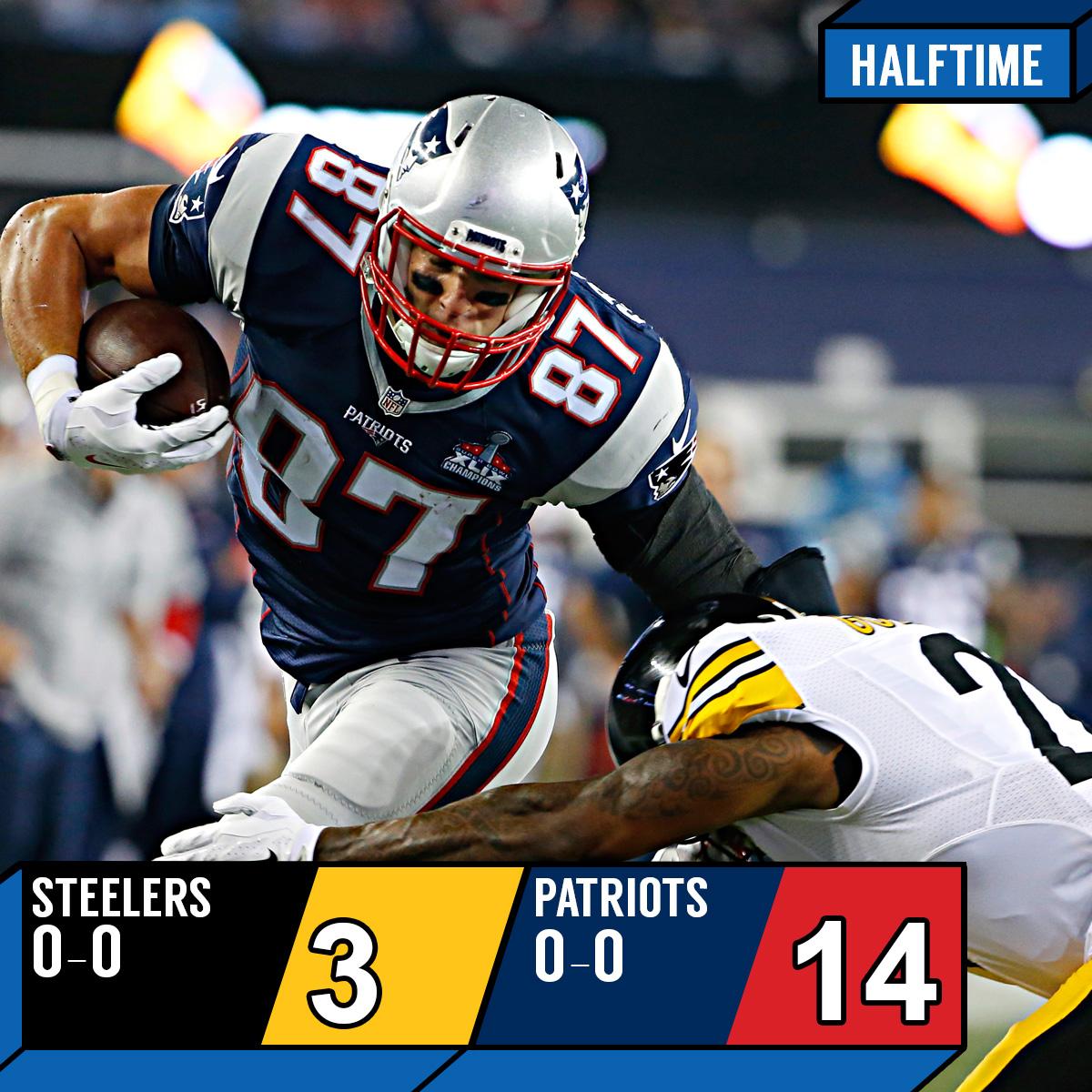 NFL's tweet image. HALFTIME: It's the #GronkShow #Kickoff2015 #PITvsNE